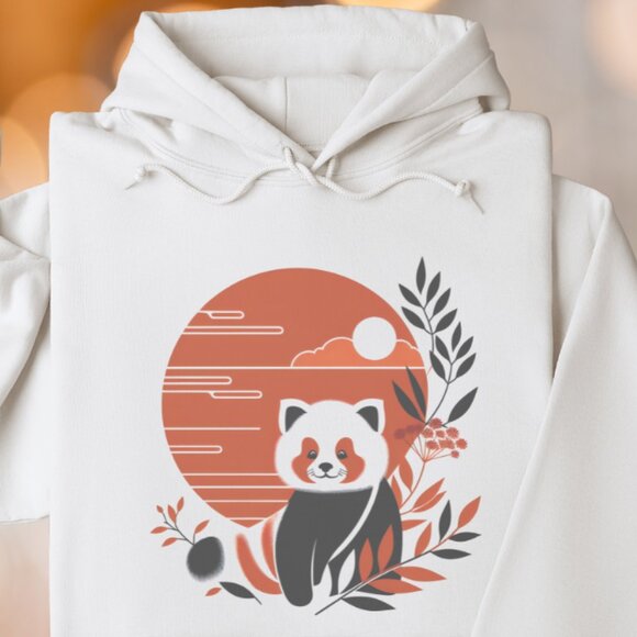 Red Panda Hoodie Cute Nature Graphic Sweatshirt With Sunset Design - Picture 1 of 5